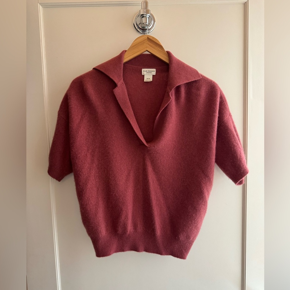 Club Monaco Rust Rose Collared Short-Sleeve Cashmere Sweater